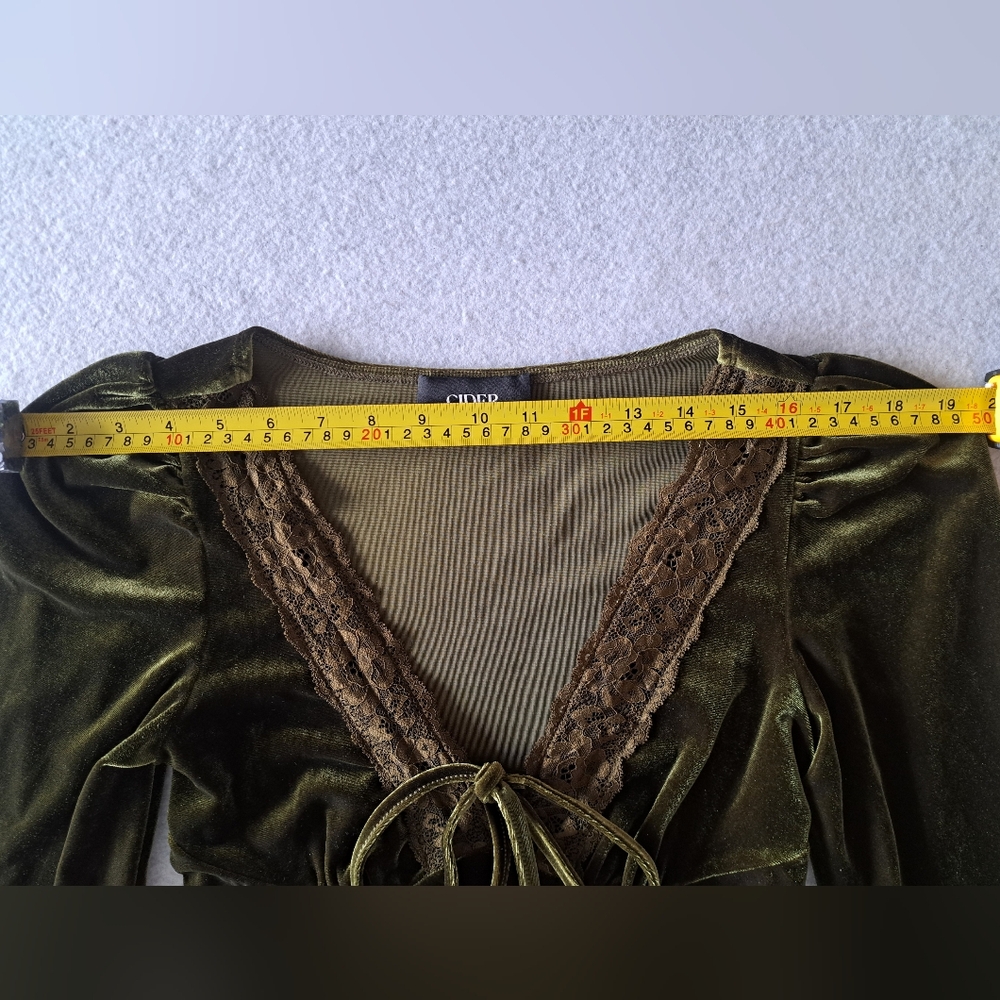 Cider Olive Velvet V-Neck Solid Lace Detail Mini Dress - Picture 6 of 14